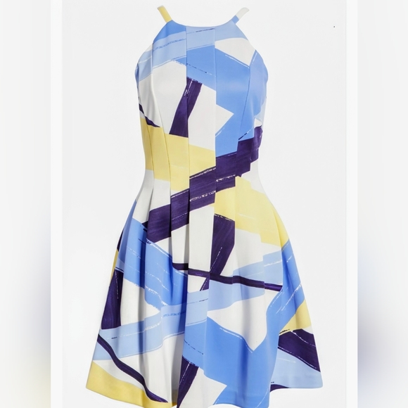 Vince Camuto, Brush Stroke Print, Pleated Fit & Flare,Halter Dress, Size 8 - Picture 3 of 14